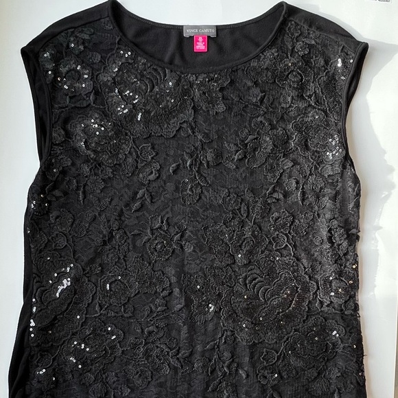 Vince Camuto Lace & Sequin Front Sleeveless T-shirt Top Black - Picture 2 of 12